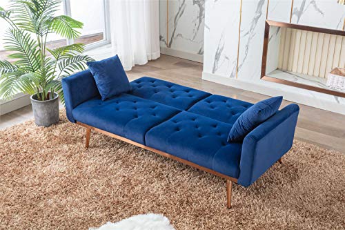 Woanke Mid Century Modern Velvet Fabric Home Living Room Bedroom, Convertible Futon Bed, Accent Sofa Recliner, Golden Metal Legs, 2 Couch Pillows, Navy