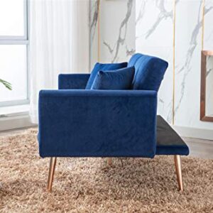 Woanke Mid Century Modern Velvet Fabric Home Living Room Bedroom, Convertible Futon Bed, Accent Sofa Recliner, Golden Metal Legs, 2 Couch Pillows, Navy