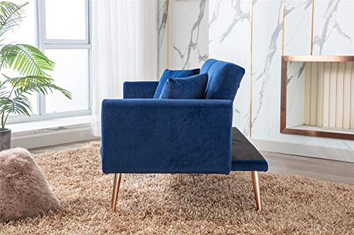 Woanke Mid Century Modern Velvet Fabric Home Living Room Bedroom, Convertible Futon Bed, Accent Sofa Recliner, Golden Metal Legs, 2 Couch Pillows, Navy