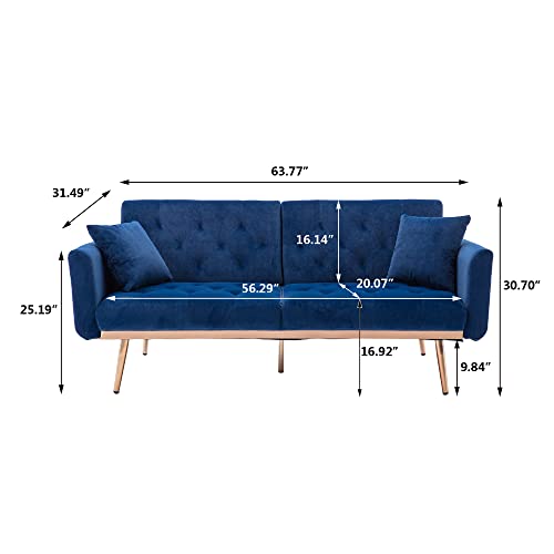 Woanke Mid Century Modern Velvet Fabric Home Living Room Bedroom, Convertible Futon Bed, Accent Sofa Recliner, Golden Metal Legs, 2 Couch Pillows, Navy