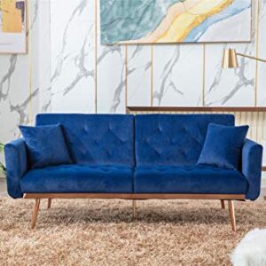 Woanke Mid Century Modern Velvet Fabric Home Living Room Bedroom, Convertible Futon Bed, Accent Sofa Recliner, Golden Metal Legs, 2 Couch Pillows, Navy