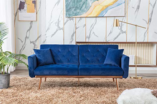 Woanke Mid Century Modern Velvet Fabric Home Living Room Bedroom, Convertible Futon Bed, Accent Sofa Recliner, Golden Metal Legs, 2 Couch Pillows, Navy