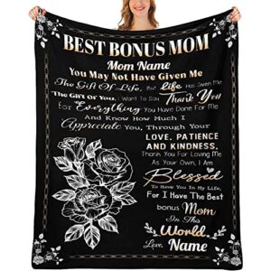 personalized best bonus mom blanket, happy mother's day blanket, best gift for step mom, meaningful family quote, custom name stepmom birthday super soft flannel warm throw blanket for couch bed