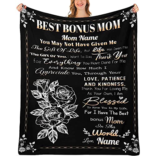 Personalized Best Bonus Mom Blanket, Happy Mother's Day Blanket, Best Gift for Step Mom, Meaningful Family Quote, Custom Name Stepmom Birthday Super Soft Flannel Warm Throw Blanket for Couch Bed