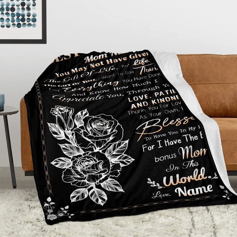 Personalized Best Bonus Mom Blanket, Happy Mother's Day Blanket, Best Gift for Step Mom, Meaningful Family Quote, Custom Name Stepmom Birthday Super Soft Flannel Warm Throw Blanket for Couch Bed