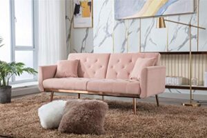 woanke mid century modern velvet fabric home living room bedroom, convertible futon bed, accent sofa recliner, golden metal legs, 2 couch pillows, pink