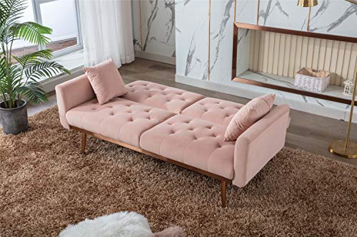 Woanke Mid Century Modern Velvet Fabric Home Living Room Bedroom, Convertible Futon Bed, Accent Sofa Recliner, Golden Metal Legs, 2 Couch Pillows, Pink