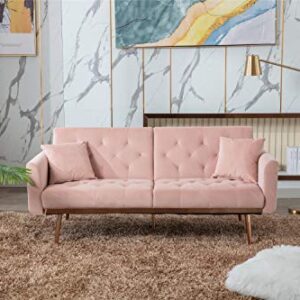 Woanke Mid Century Modern Velvet Fabric Home Living Room Bedroom, Convertible Futon Bed, Accent Sofa Recliner, Golden Metal Legs, 2 Couch Pillows, Pink