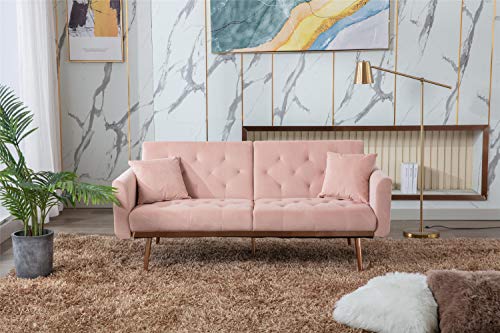 Woanke Mid Century Modern Velvet Fabric Home Living Room Bedroom, Convertible Futon Bed, Accent Sofa Recliner, Golden Metal Legs, 2 Couch Pillows, Pink