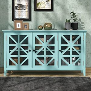 nckmyb large accent cabinet sideboard with 3 transparent doors, 62'' buffet table storage cabinet, coffee bar cabinet cupboard for kitchen, living room, entryway (turquoise)