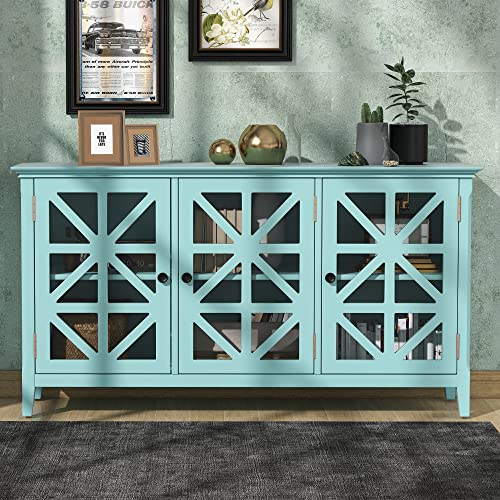 NCKMYB Large Accent Cabinet Sideboard with 3 Transparent Doors, 62'' Buffet Table Storage Cabinet, Coffee Bar Cabinet Cupboard for Kitchen, Living Room, Entryway (Turquoise)