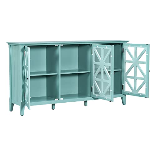 NCKMYB Large Accent Cabinet Sideboard with 3 Transparent Doors, 62'' Buffet Table Storage Cabinet, Coffee Bar Cabinet Cupboard for Kitchen, Living Room, Entryway (Turquoise)