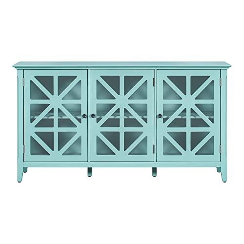 NCKMYB Large Accent Cabinet Sideboard with 3 Transparent Doors, 62'' Buffet Table Storage Cabinet, Coffee Bar Cabinet Cupboard for Kitchen, Living Room, Entryway (Turquoise)