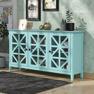 NCKMYB Large Accent Cabinet Sideboard with 3 Transparent Doors, 62'' Buffet Table Storage Cabinet, Coffee Bar Cabinet Cupboard for Kitchen, Living Room, Entryway (Turquoise)