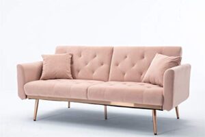 voohek velvet futon sofa, tufted loveseat couch, convertible sleeper bed, accent recliner with golden metal legs & 2 pillows for home living room bedroom, pink