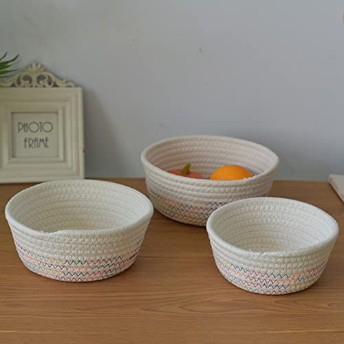 Creahappy Storage Basket Round Woven Baskets 3 Sizes Cotton Nesting Baskets Desktop Storage Basket Decorative Boho Basket for Cosmetics Remote Control Console Sundries(S, M, L)