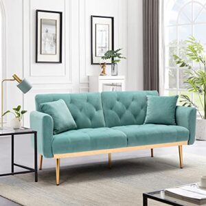woanke mid century modern velvet fabric home living room bedroom, convertible futon bed, accent sofa recliner, golden metal legs, 7 couch pillows, pink, light blue