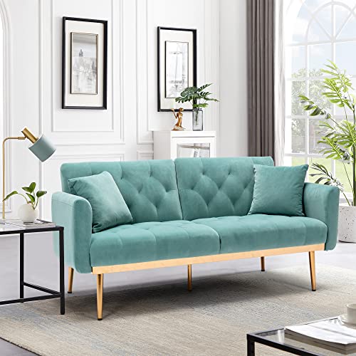 Woanke Mid Century Modern Velvet Fabric Home Living Room Bedroom, Convertible Futon Bed, Accent Sofa Recliner, Golden Metal Legs, 7 Couch Pillows, Pink, Light Blue