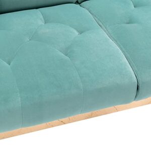 Woanke Mid Century Modern Velvet Fabric Home Living Room Bedroom, Convertible Futon Bed, Accent Sofa Recliner, Golden Metal Legs, 7 Couch Pillows, Pink, Light Blue