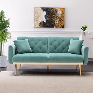 Woanke Mid Century Modern Velvet Fabric Home Living Room Bedroom, Convertible Futon Bed, Accent Sofa Recliner, Golden Metal Legs, 7 Couch Pillows, Pink, Light Blue