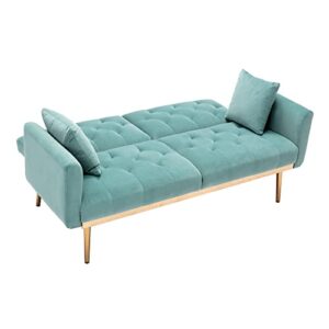 Woanke Mid Century Modern Velvet Fabric Home Living Room Bedroom, Convertible Futon Bed, Accent Sofa Recliner, Golden Metal Legs, 7 Couch Pillows, Pink, Light Blue