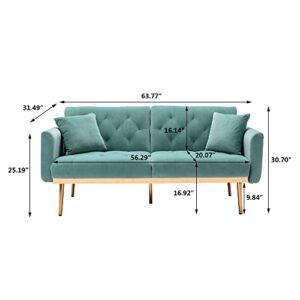 Woanke Mid Century Modern Velvet Fabric Home Living Room Bedroom, Convertible Futon Bed, Accent Sofa Recliner, Golden Metal Legs, 7 Couch Pillows, Pink, Light Blue