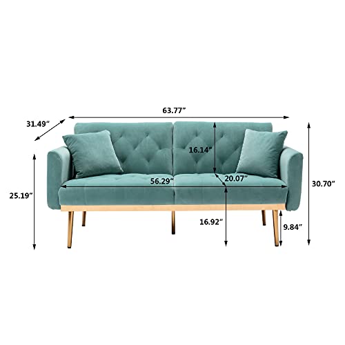 Woanke Mid Century Modern Velvet Fabric Home Living Room Bedroom, Convertible Futon Bed, Accent Sofa Recliner, Golden Metal Legs, 7 Couch Pillows, Pink, Light Blue