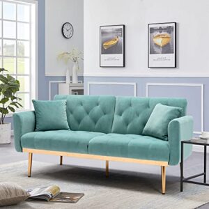 Woanke Mid Century Modern Velvet Fabric Home Living Room Bedroom, Convertible Futon Bed, Accent Sofa Recliner, Golden Metal Legs, 7 Couch Pillows, Pink, Light Blue