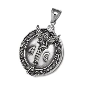 Saint Michael Pendant Holding Holy Cross - Army of God Seal - Archangel Protection Prayer - King of Solomon Star of David Accents - Antique Finish - Guardian Angel Miraculous Medal - White Crystal