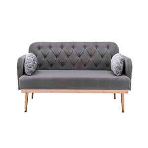 nallbeirraa 56" accent sofa, mid century modern velvet fabric couch with 2 pillow, velvet sofa, loveseat sofa, recliner couch with gold metal feet for living room, bedroom (grey)