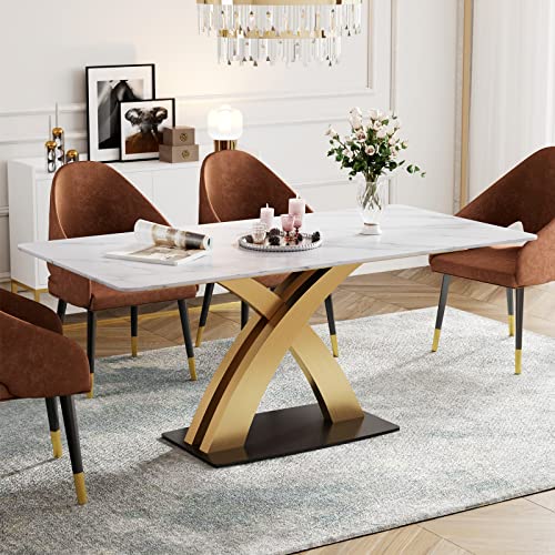 HERNEST 62 Inch Marble Dining Table for 6-8, Modern Heavy Duty Dining Room Table with White Sintered Stone Tabletop Gold X-Bracket and Carbon Steel Pedestal, Rectangular Kitchen Table for Living Room