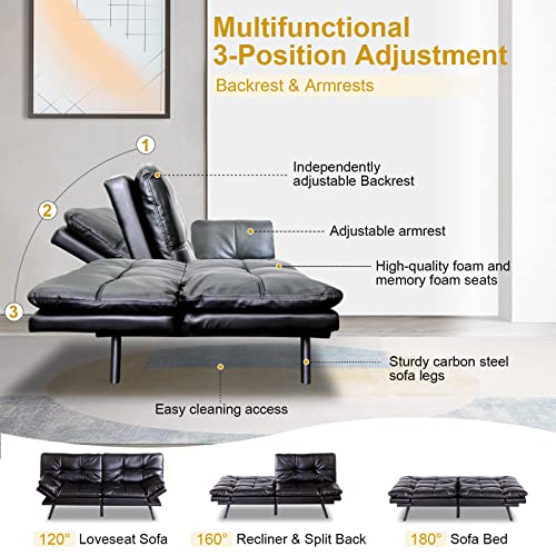 MUUEGM Futon Sofa Bed,Modern Futon Couch,Faux Leather Sofa Couch with Adjustable Armrests and Back,Convertible Sleeper Sofa,Couches for Living Room,Dorm,Office and Small Space/Black