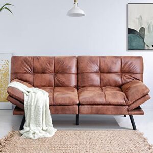 MUUEGM Convertible Futon Sofa Bed,Faux Leather Sofa Couch with Adjustable Armrests and Back,Convertible Sleeper Sofa,Couches for Living Room,Guest Room, Apartment and Small Space/Brown