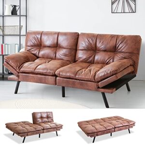 MUUEGM Convertible Futon Sofa Bed,Faux Leather Sofa Couch with Adjustable Armrests and Back,Convertible Sleeper Sofa,Couches for Living Room,Guest Room, Apartment and Small Space/Brown