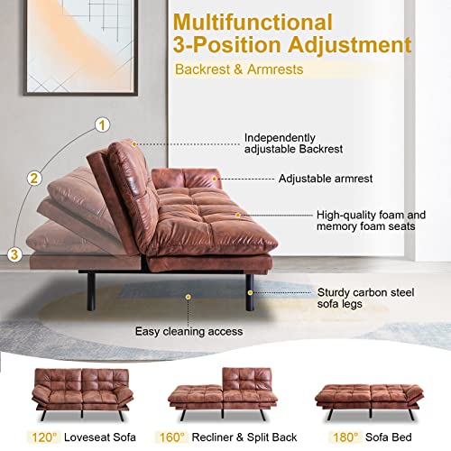 MUUEGM Convertible Futon Sofa Bed,Faux Leather Sofa Couch with Adjustable Armrests and Back,Convertible Sleeper Sofa,Couches for Living Room,Guest Room, Apartment and Small Space/Brown