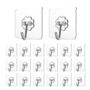 wall hooks for hanging, heavy duty adhesive hooks, 20 pack removable sticky ceiling hooks, transparent self adhesive shower hooks,water & oil proof strong 22lb(max) door coat hooks
