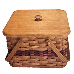 Amish Double Pie Carrier Square Oak Handmade Basket Swinging Handles by Amish Baskets and Beyond (Wine)