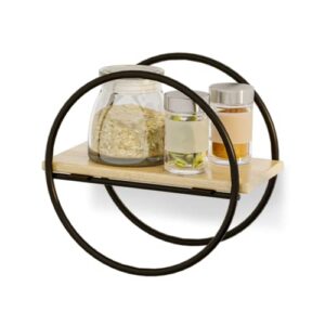 benoldy, circle mini - luxury varnished pine wood floating shelf - black metal frame mini wall decor shelves for bathroom, living room, bedroom and kitchen