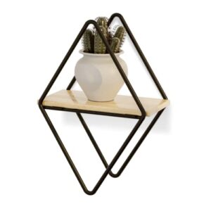 benoldy, prism mini - luxury varnished pine wood floating shelf - black metal frame mini wall decor shelves for bathroom, living room, bedroom and kitchen