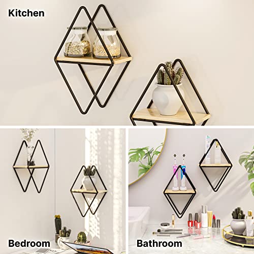 BENOLDY, Prism Mini - Luxury Varnished Pine Wood Floating Shelf - Black Metal Frame Mini Wall Decor Shelves for Bathroom, Living Room, Bedroom and Kitchen