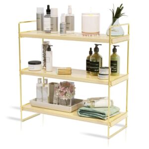 benoldy, gold metal 3 tier varnished waterproof wooden stand, multipurpose organizer for bathroom, bedroom, kitchen countertop, spice rack, coffee station, cup holder, tea box organizer