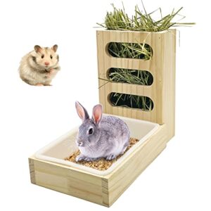 Hamiledyi Rabbit Hay Feeder with Litter Box Wooden Food Feeding Manger Bunny Hay Dispenser Small Animals Grass Holder for Hamsters Guinea Pig Bunny Chinchilla