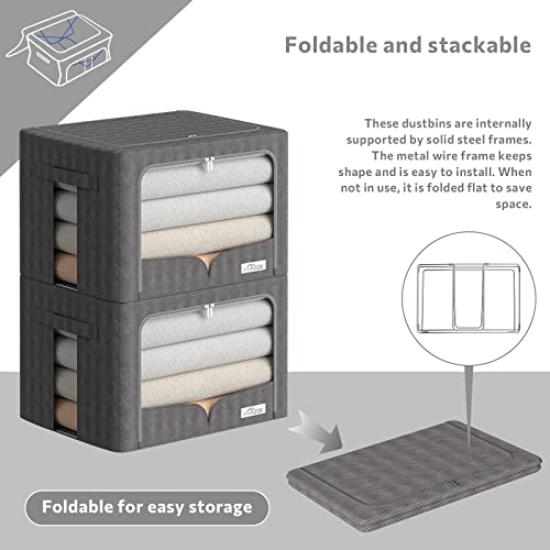 3 Pack Clothes Storage Organizer Bins - Foldable Metal Frame Storage Box Stackable Container Organizer Set with Carrying Handles and Clear Window (Large-66L-19.7x 15.7x 12.6 Inches, Dark Grey)