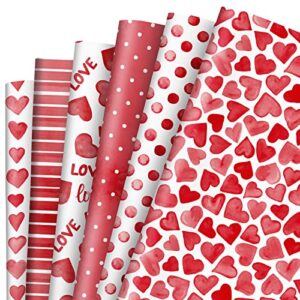 whaline 12 sheet valentine's day wrapping paper 6 design watercolor love heart dots wrapping paper red white patterned art paper for wedding anniversary baby shower birthday gift packing, 20 x 28 in