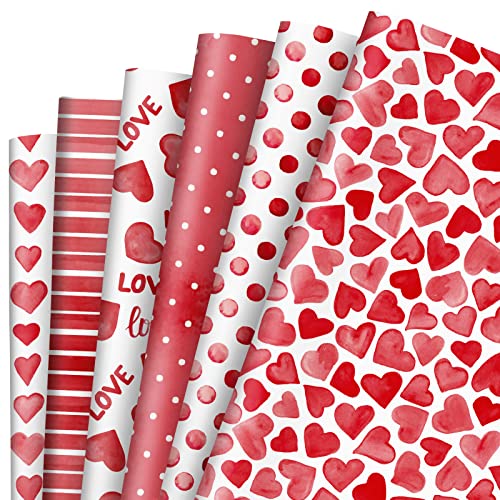 Whaline 12 Sheet Valentine's Day Wrapping Paper 6 Design Watercolor Love Heart Dots Wrapping Paper Red White Patterned Art Paper for Wedding Anniversary Baby Shower Birthday Gift Packing, 20 x 28 In