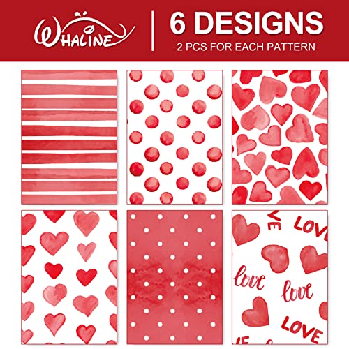 Whaline 12 Sheet Valentine's Day Wrapping Paper 6 Design Watercolor Love Heart Dots Wrapping Paper Red White Patterned Art Paper for Wedding Anniversary Baby Shower Birthday Gift Packing, 20 x 28 In