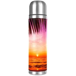 beautiful palm sunset stainless steel water bottle, leak-proof travel thermos mug, double walled vacuum insulated flask 17 oz