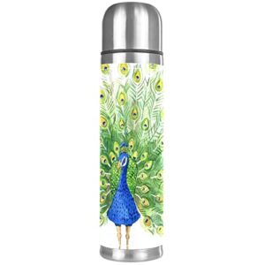 watercolor style peacock stainless steel water bottle leak-proof, double walled vacuum insulated flask thermos cup travel mug 17 oz