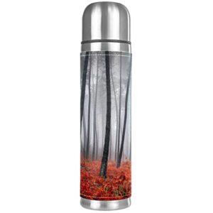 foggy forest red flowers stainless steel water bottle, leak-proof travel thermos mug, double walled vacuum insulated flask 17 oz