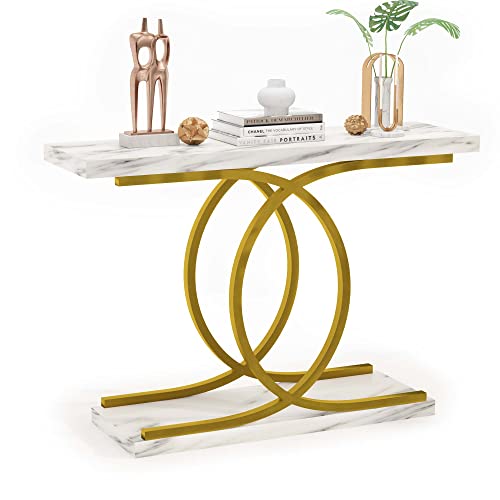 PAKASEPT Console Table with Gold Base, 40 inch White Faux Marble Narrow Entryway Table Foyer Table for Living Room, Entryway, Hallway, Entrance